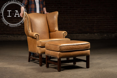 Vintage Leather Wingback Armchair With Ottoman in Tan