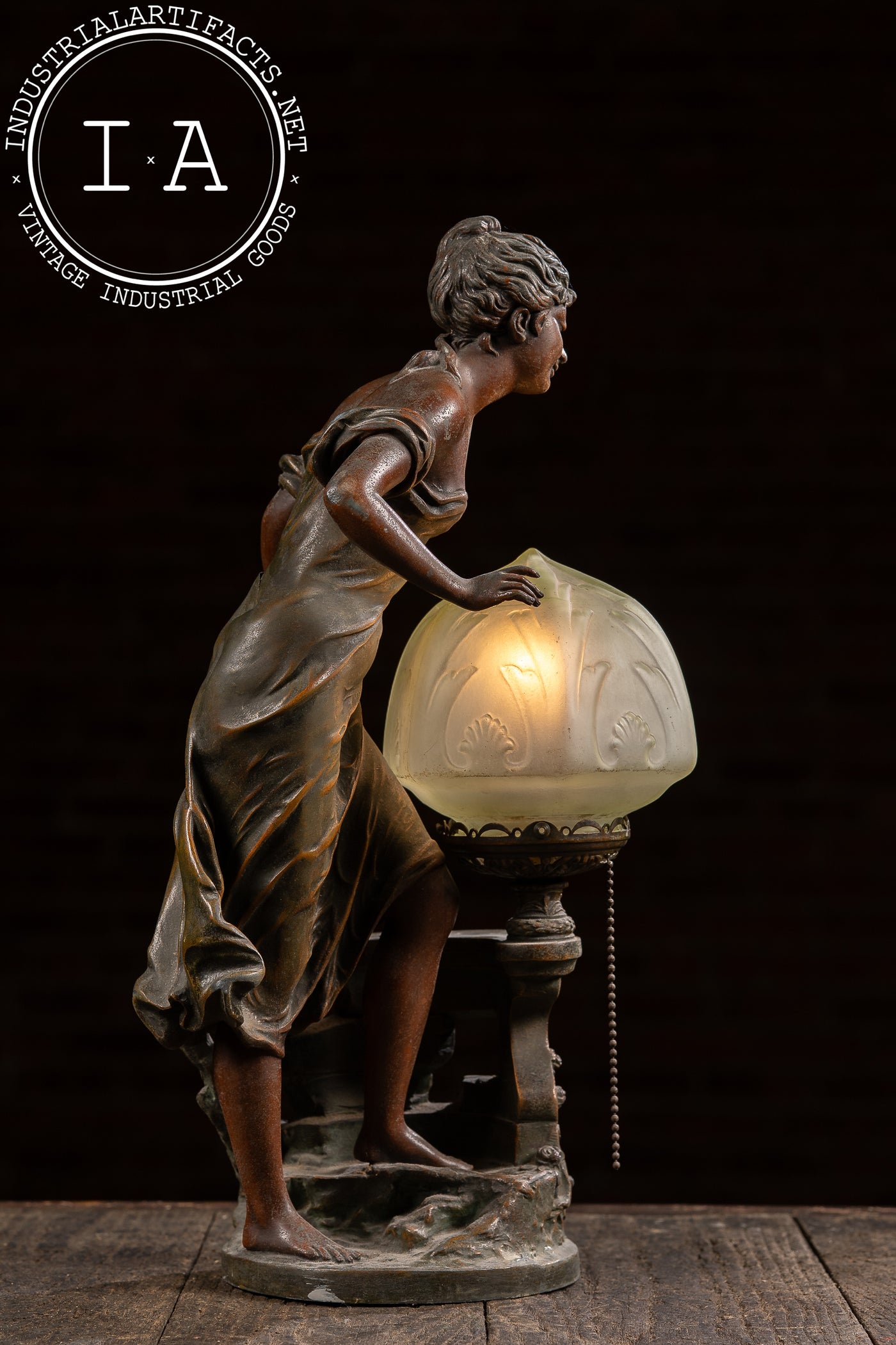 Art Nouveau Figural Lamp with Uranium Glass Shade by Anglade