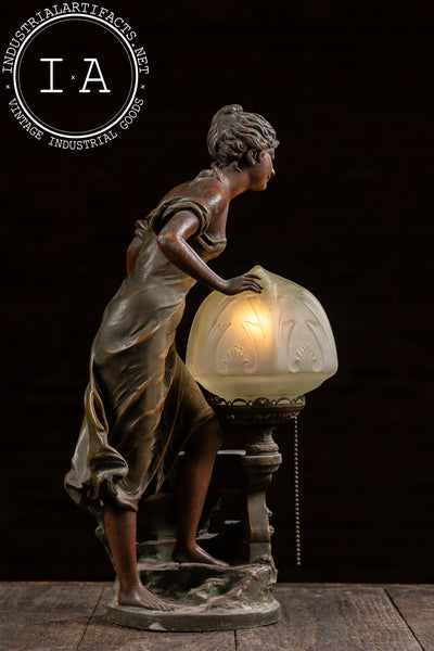Art Nouveau Figural Lamp with Uranium Glass Shade by Anglade