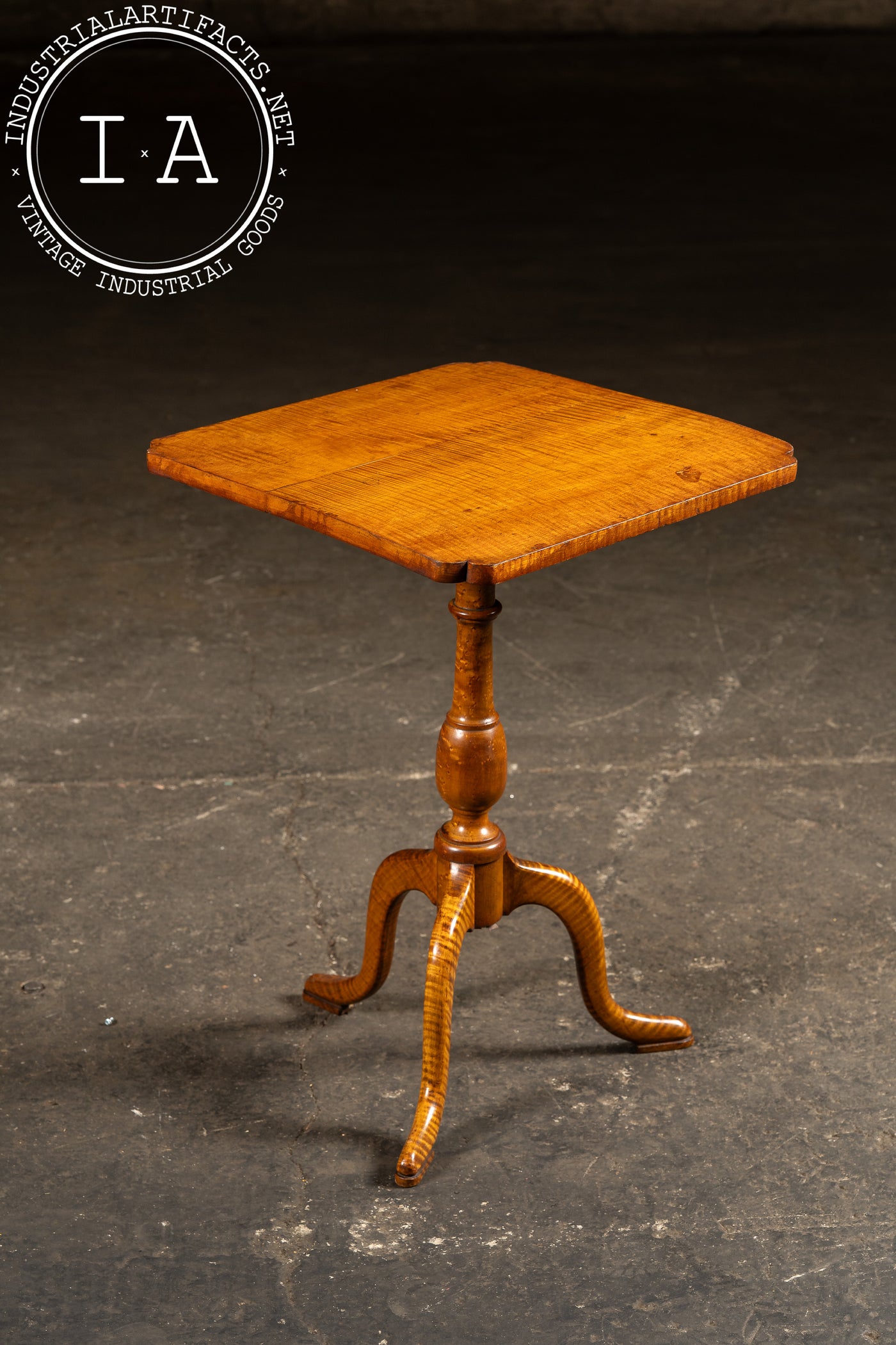 Antique Flamed Maple Tilt-Top Table on Tripod Base with Tiger Grain