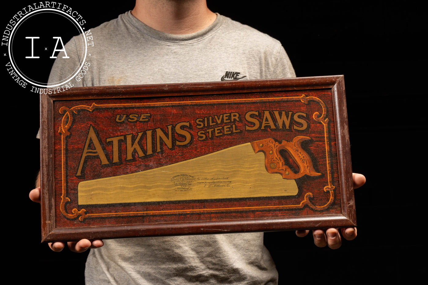 Early 20th Century Framed Atkins Silver Steel Saws Painted Tin Sign