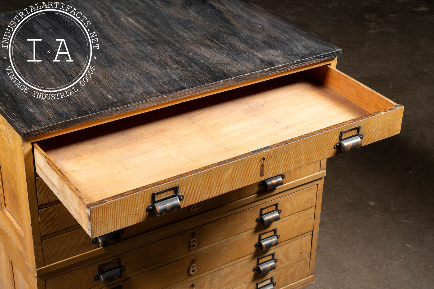 Mid-Century Modern Oak Flat File Cabinet with Japanned Hardware