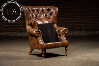Vintage Tufted Leather Highback Armchair with Lumbar Pillow In Brown