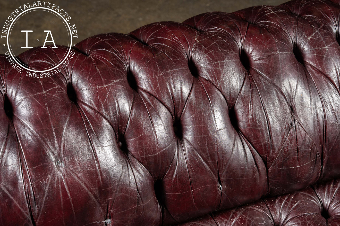 Deep Oxblood Leather Chesterfield Sofa with Nailhead Trim