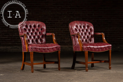 Pair of Tufted Leather Round-Back Dining Chairs in Burgundy