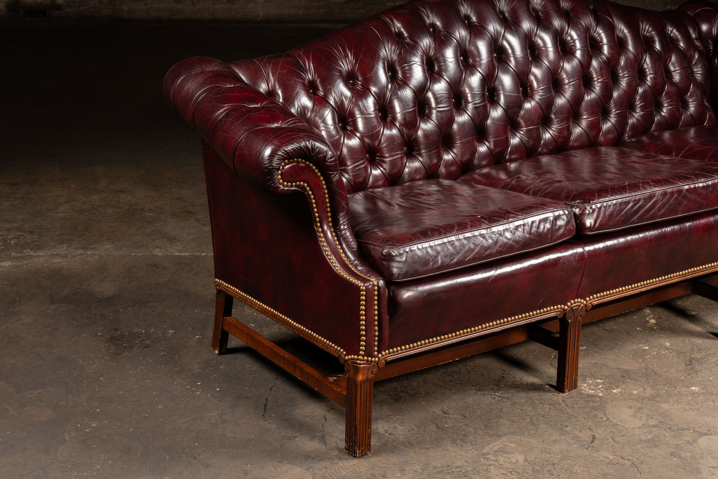 Vintage Chippendale-Style Camelback Chesterfield Leather Sofa in Oxblood