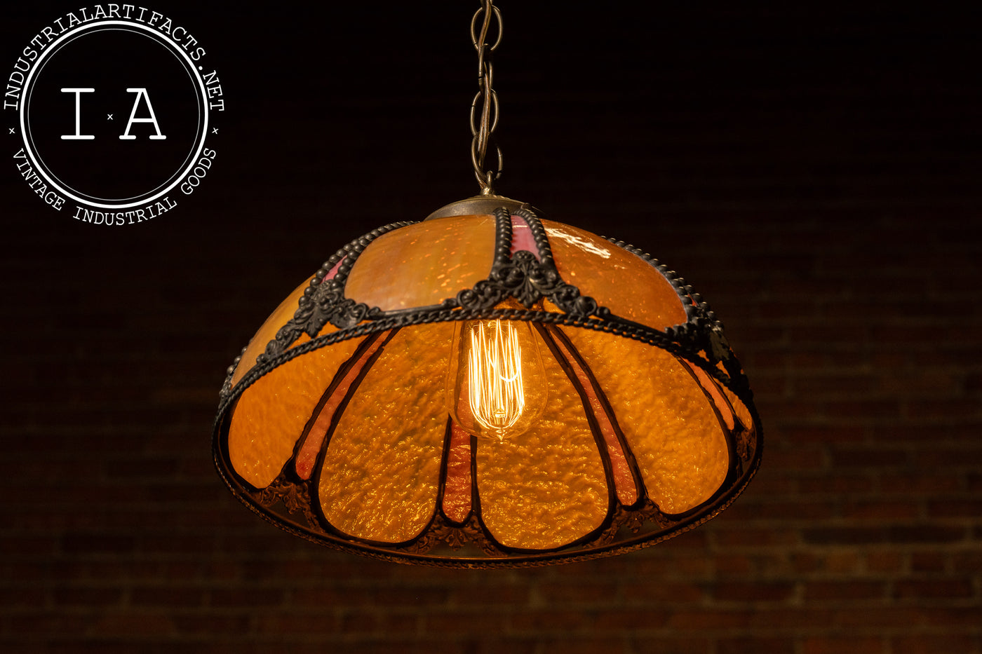 Antique Amber and Rose Stained Slag Glass Hanging Lamp