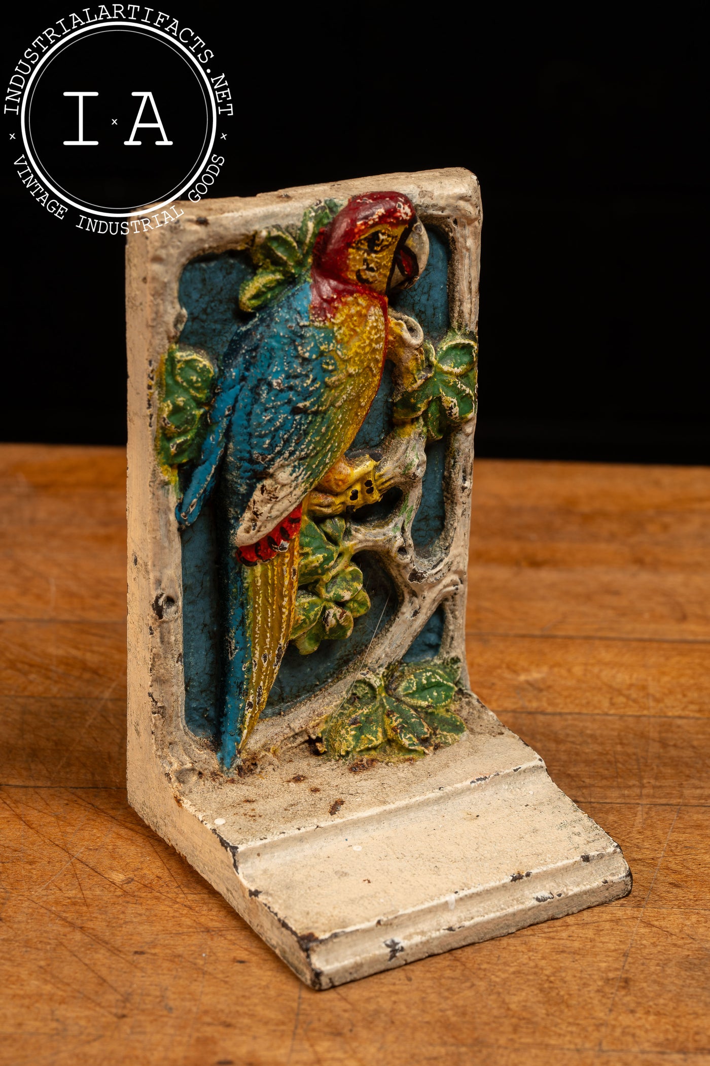 Pair of Antique High-Relief Painted Parrot Bookends