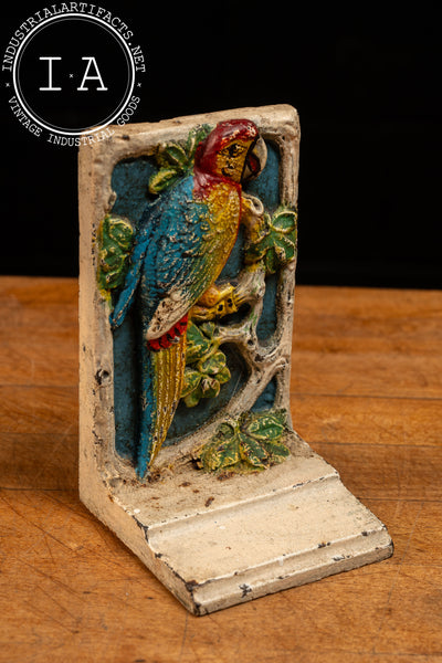 Pair of Antique High-Relief Painted Parrot Bookends