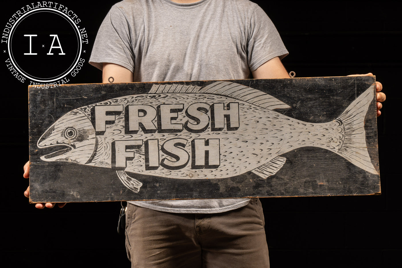 Vintage Hand-Painted Wooden Fish Monger Sign