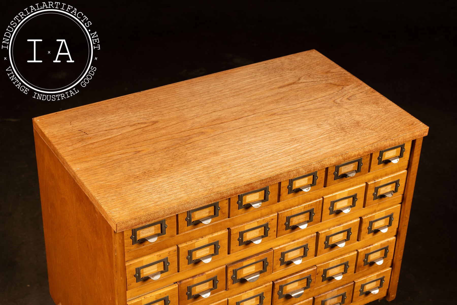 MCM Oak Card Catalog on Antique Cast Iron Base Industrial Artifacts