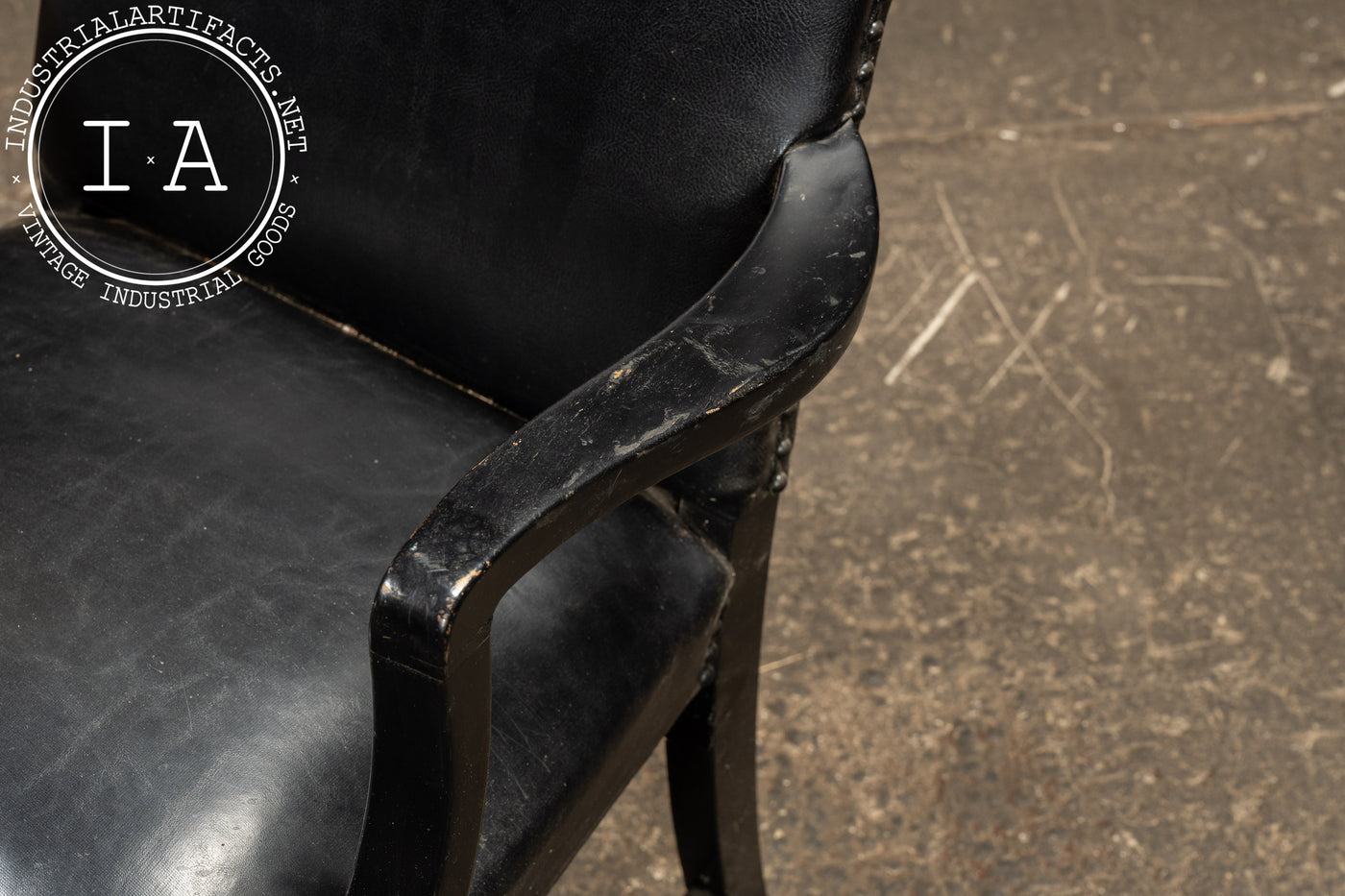 Pair Of Black Leather Revival Armchairs with Nailhead Trim