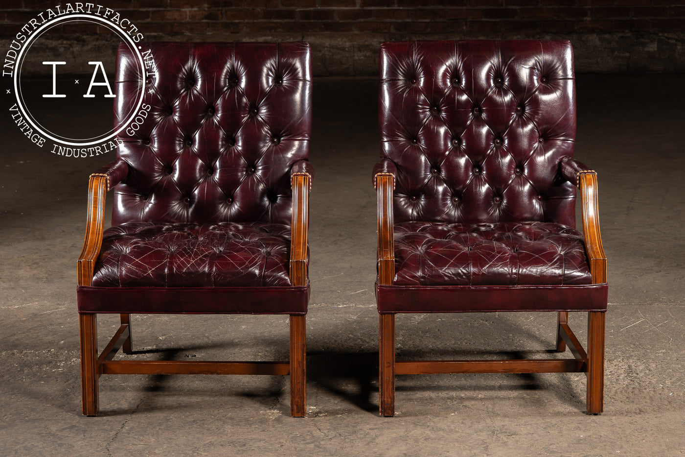 Pair of Tufted Leather Square-Back Dining Chairs in Oxblood