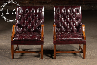 Pair of Tufted Leather Square-Back Dining Chairs in Oxblood