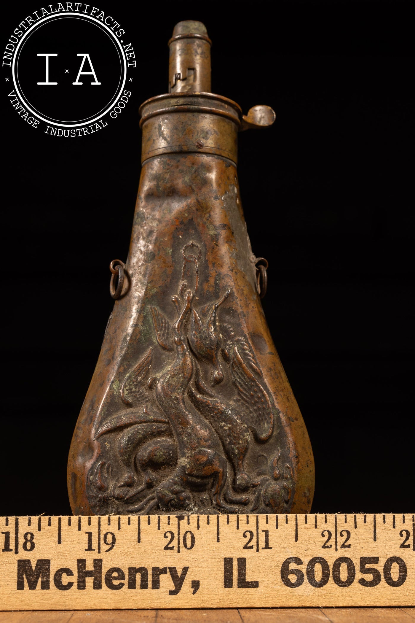 Civil War-Era Embossed Copper Gunpowder Flask