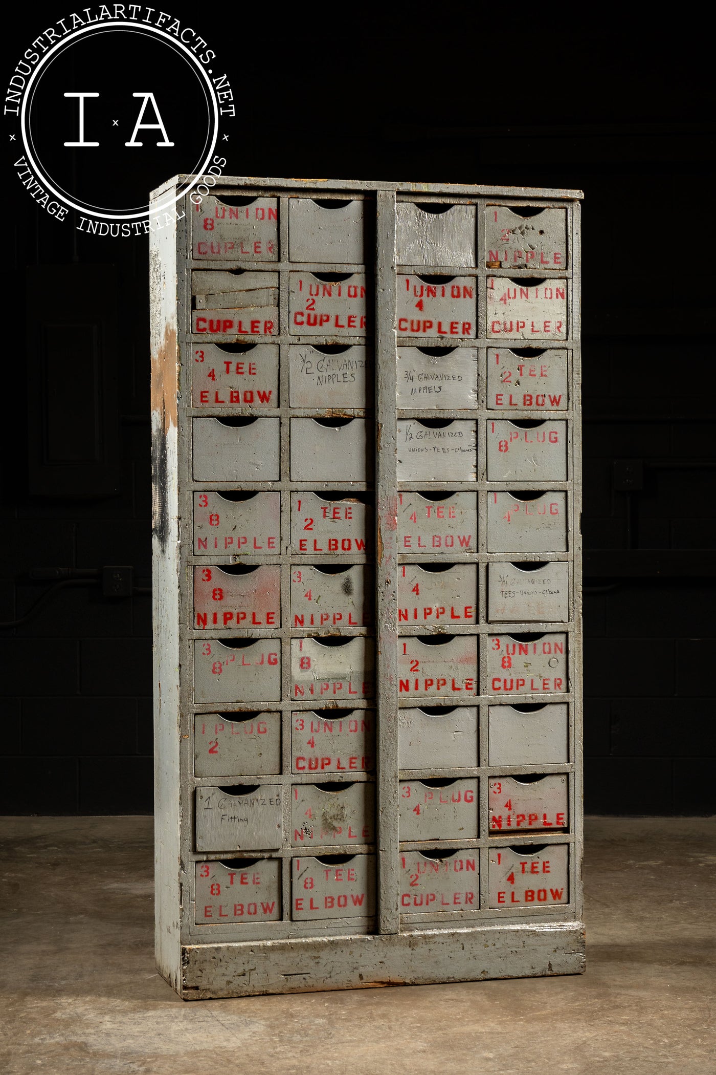 Antique Industrial Hardware Cabinet In Grey