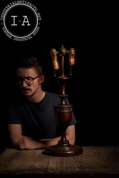 Antique Wooden Table Lamp with Brass Double Socket