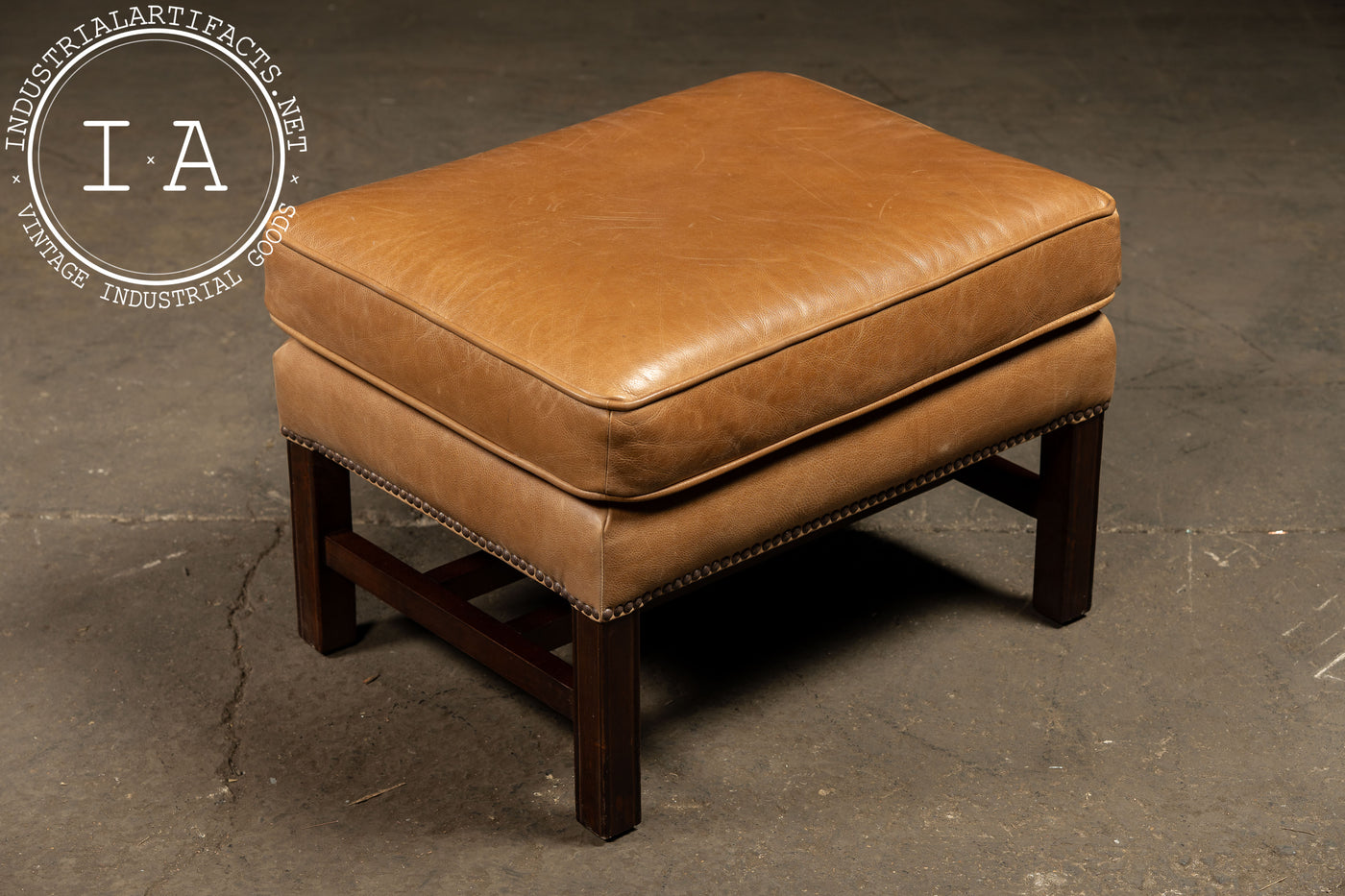 Vintage Leather Wingback Armchair With Ottoman in Tan