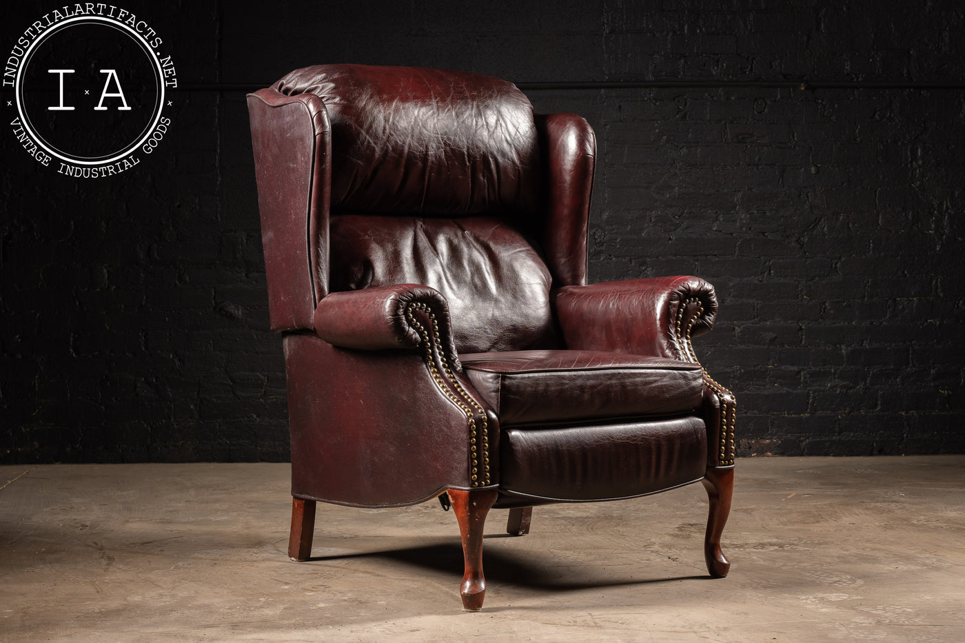 Vintage Burgundy Leather Wingback Recliner