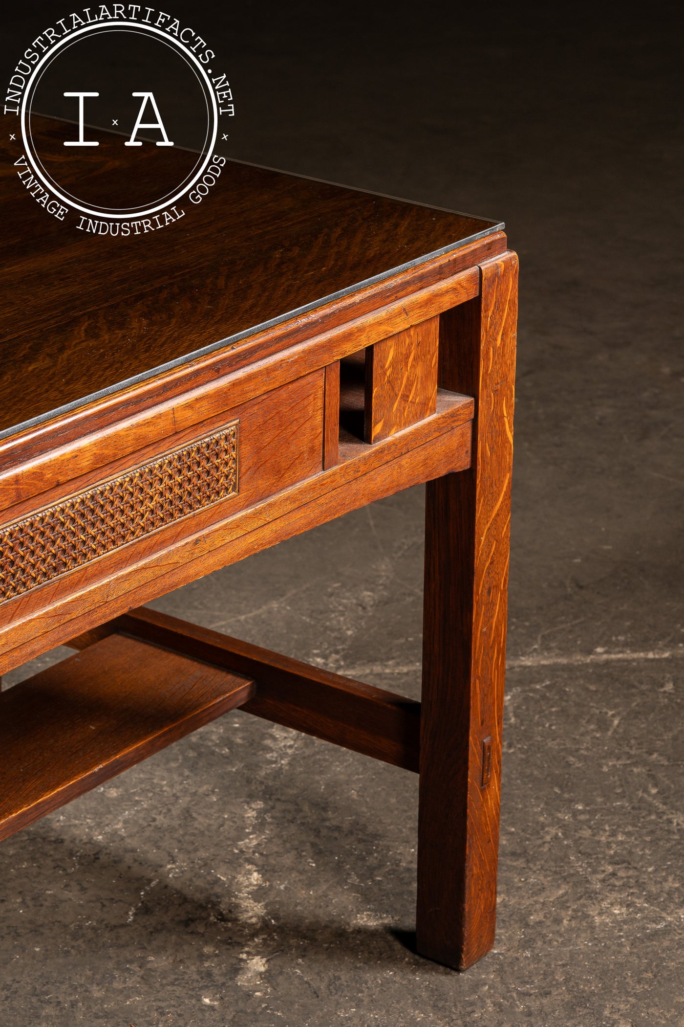 Early 20th Arts & Crafts Oak Library Table with Glass Top by Limbert