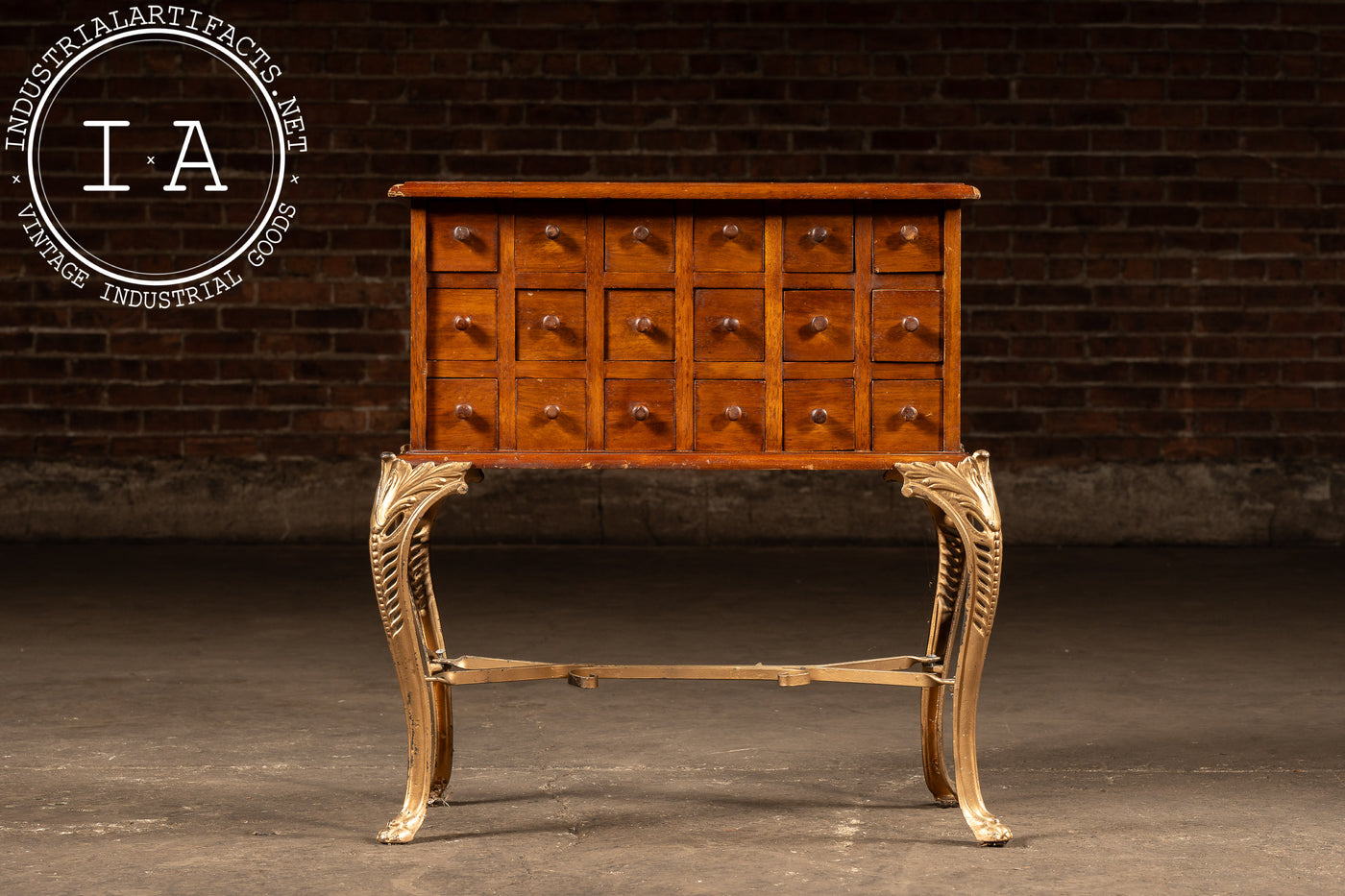Early 20th Century 18-Drawer Apothecary Cabinet on Cabriole Brass Stand