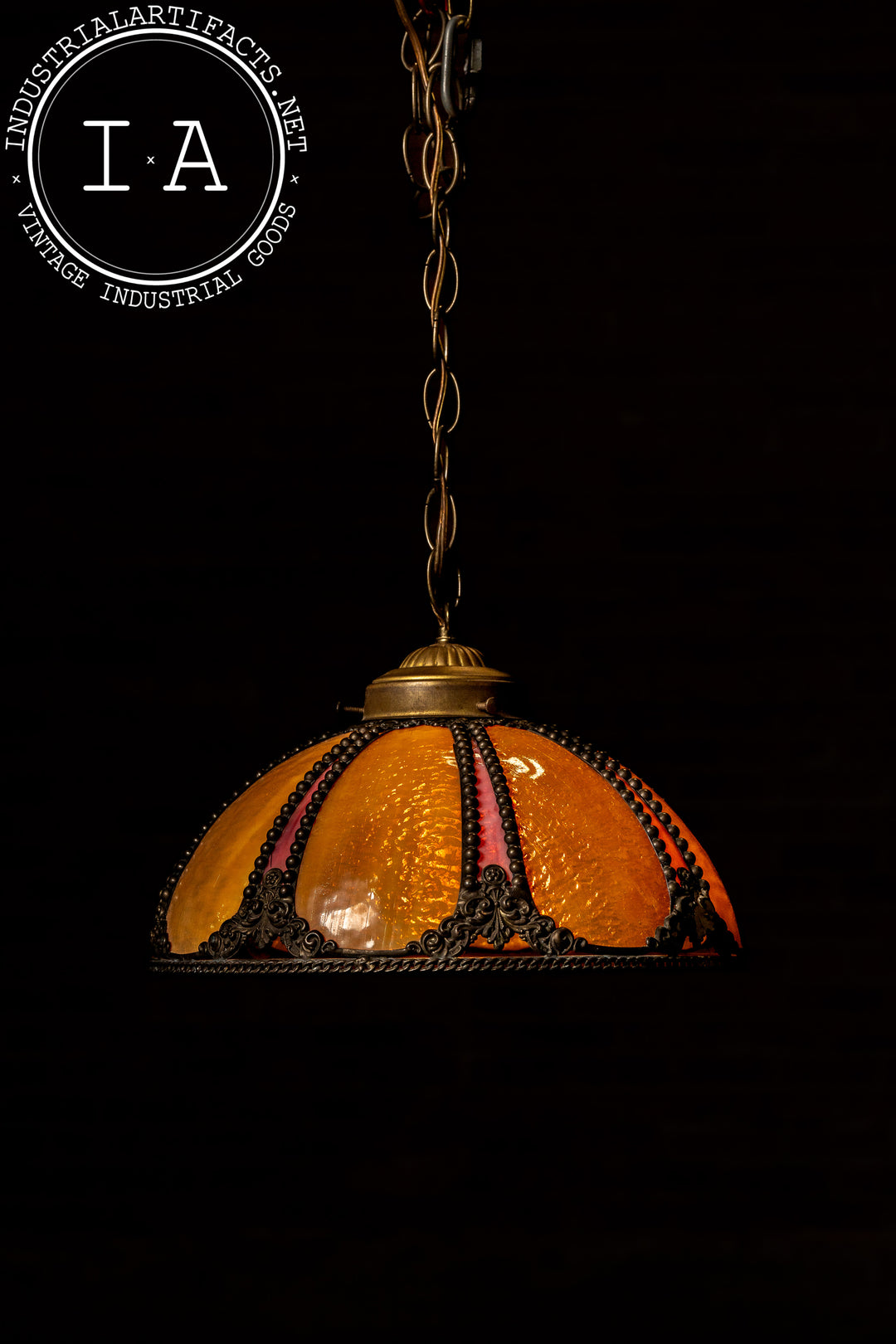 Antique Amber and Rose Stained Slag Glass Hanging Lamp