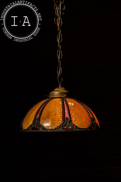 Antique Amber and Rose Stained Slag Glass Hanging Lamp