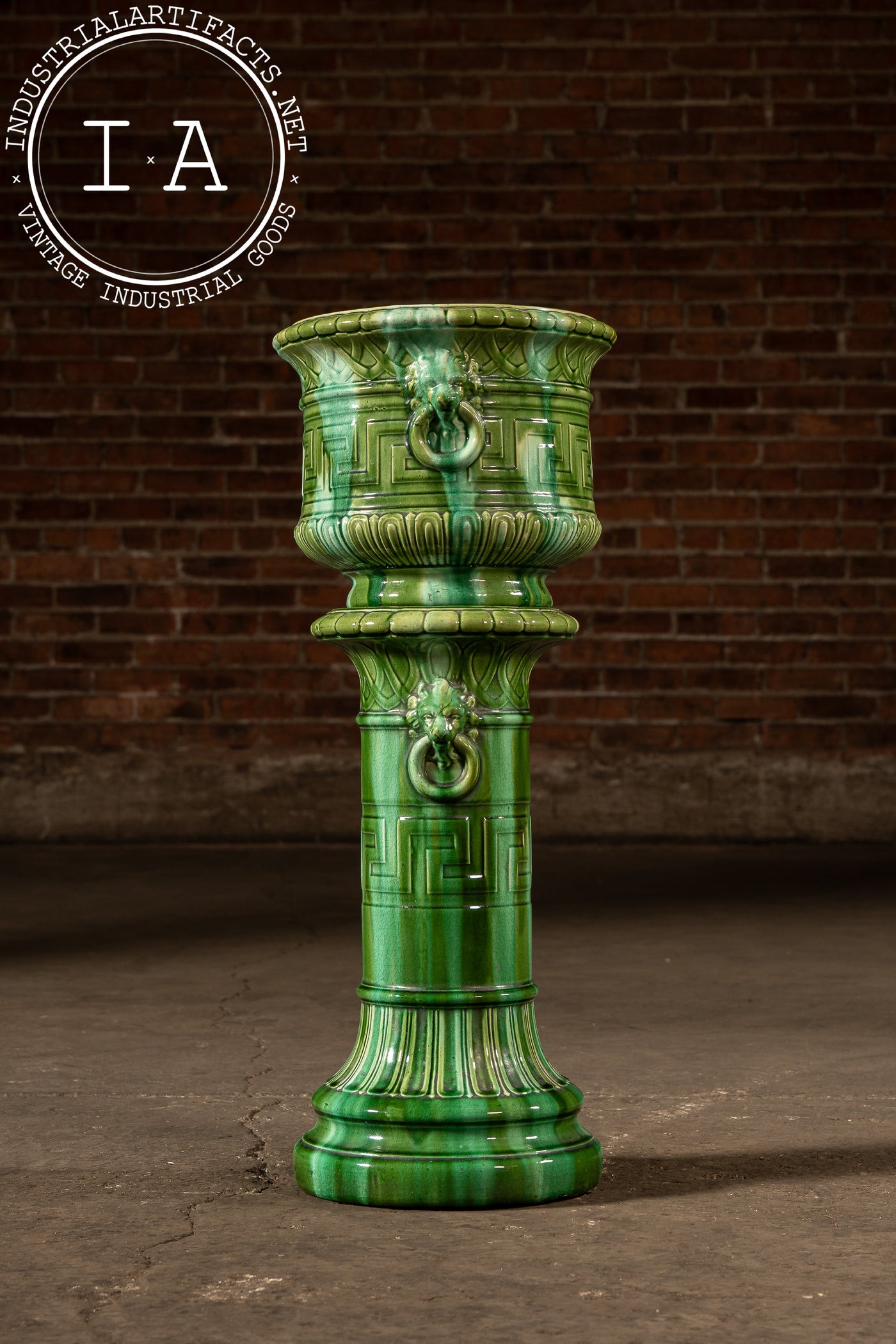 Early 20th Century Brush McCoy “Green Onyx” Majolica Pedestal & Planter Set