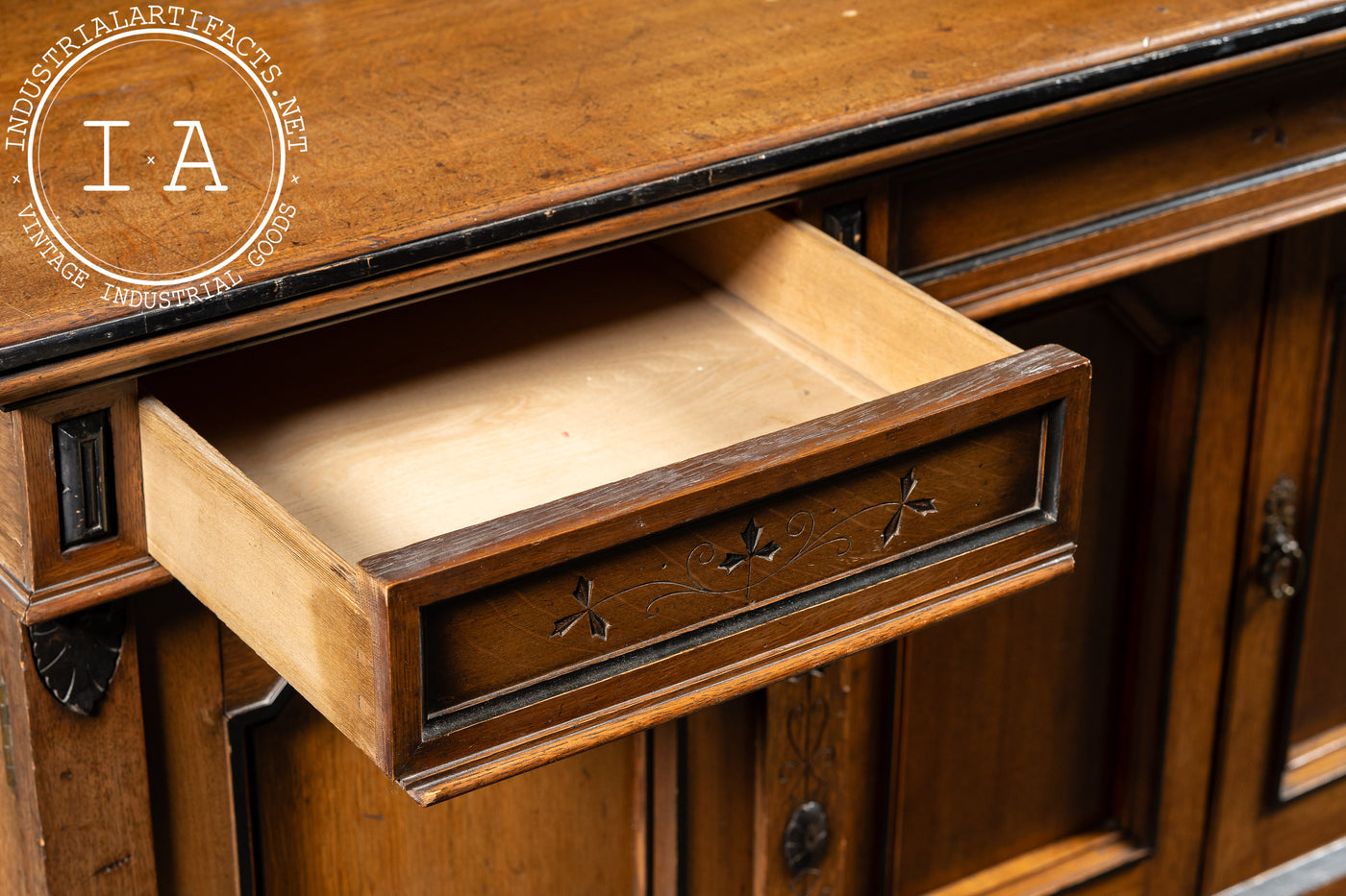 Victorian Gothic Revival Oak Sideboard Hutch with Leaded Glass Doors