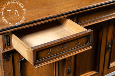 Victorian Gothic Revival Oak Sideboard Hutch with Leaded Glass Doors