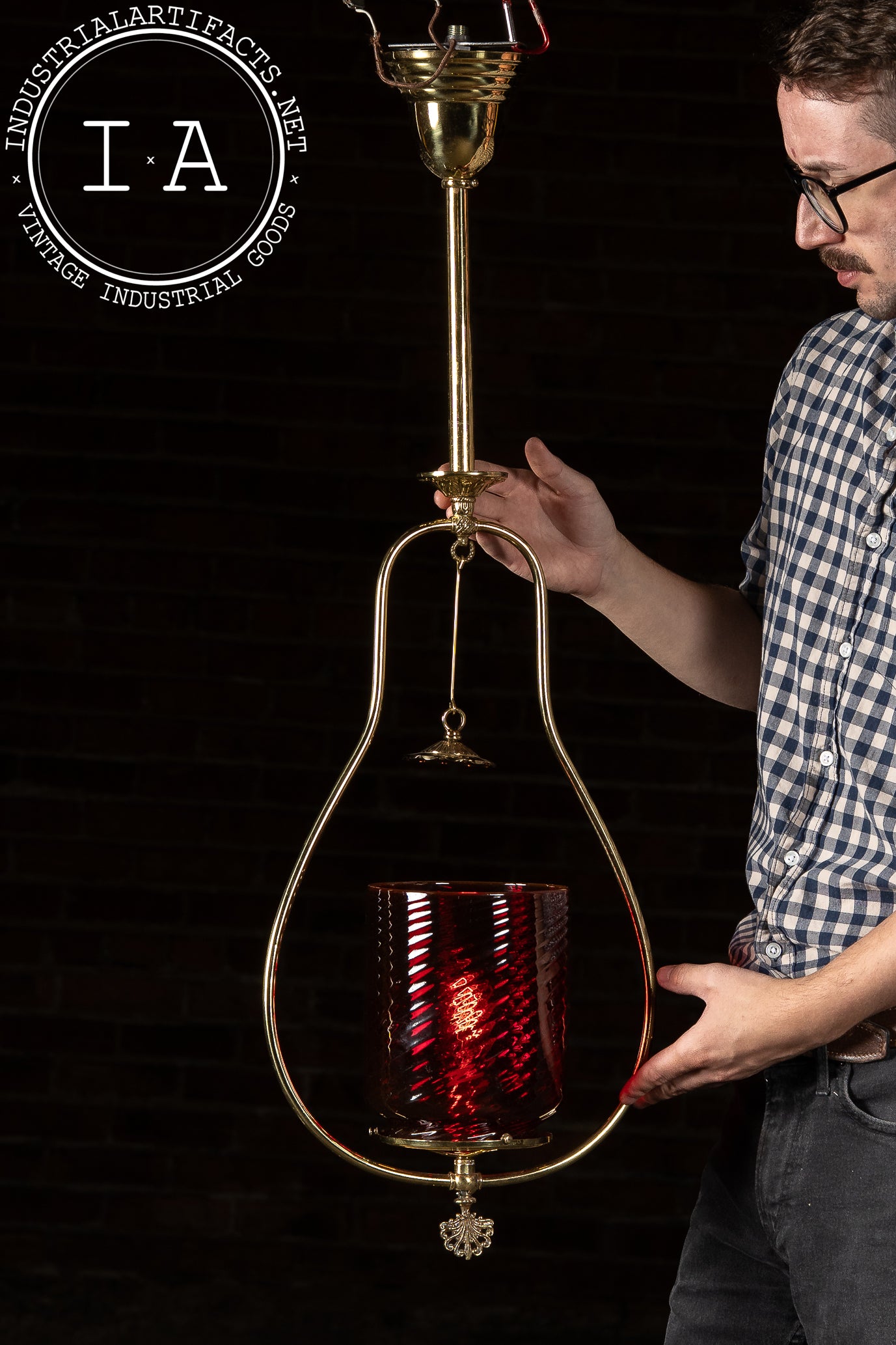 Mid-Century Brass Pendant Lamp with Cranberry Glass Shade