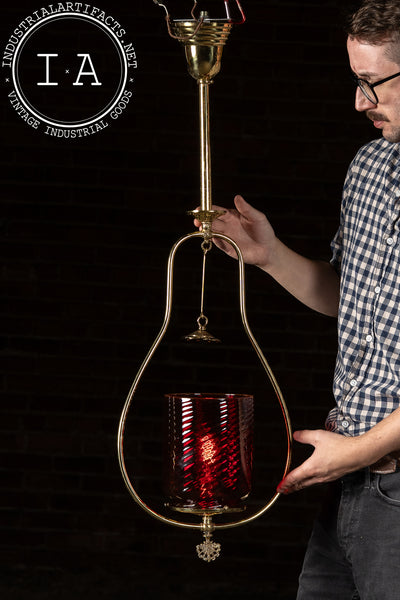 Mid-Century Brass Pendant Lamp with Cranberry Glass Shade