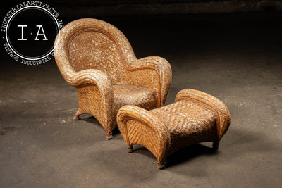 Vintage "Malabar" Rattan Lounge Chair and Ottoman by Pottery Barn