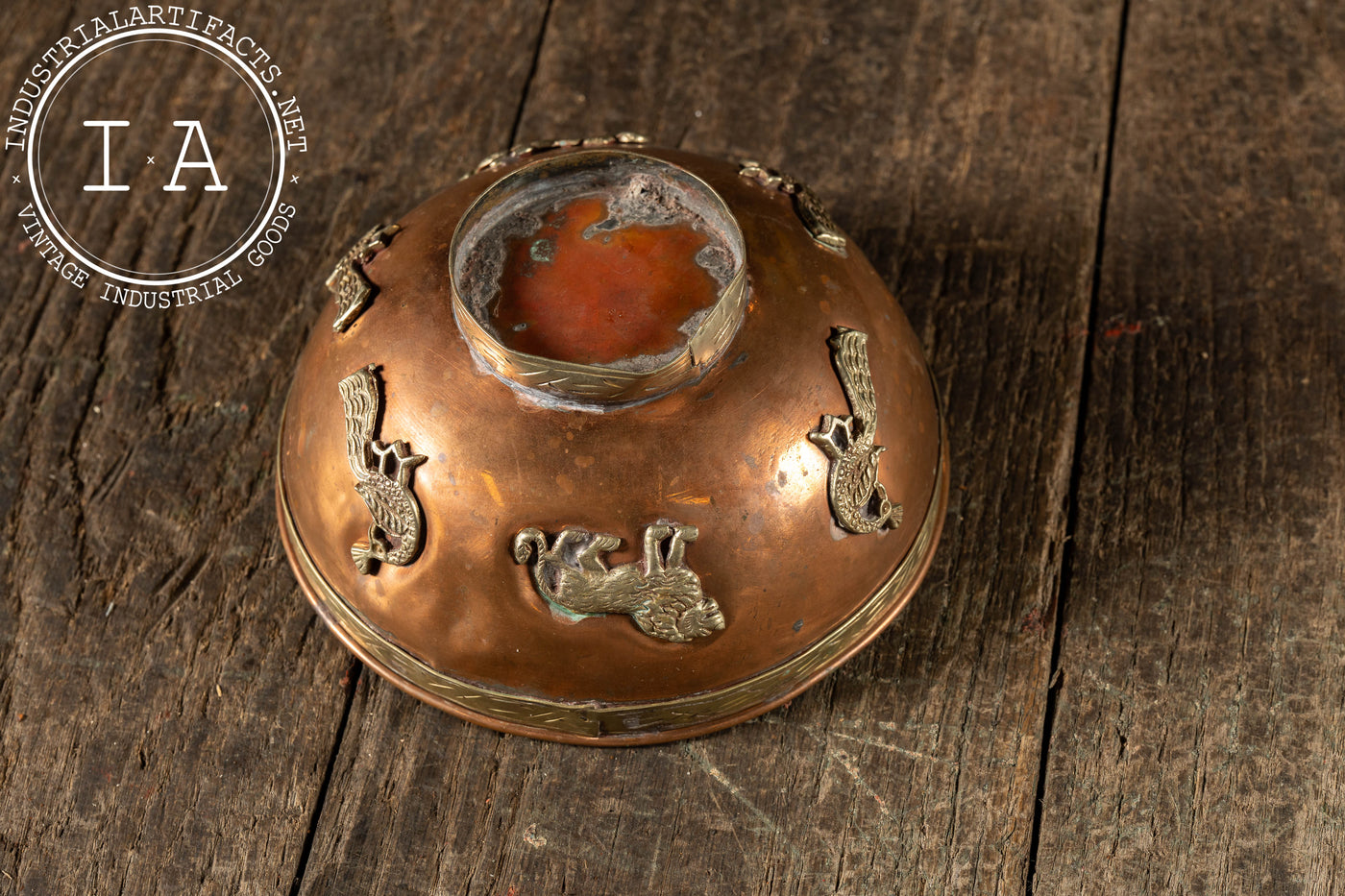 Antique Middle Eastern Copper and Brass Bowl with Applied Motifs