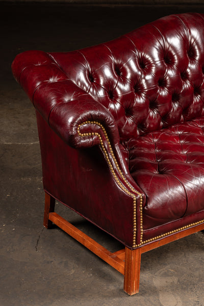 Vintage Chippendale-Style Camelback Chesterfield Leather Sofa in Oxblood