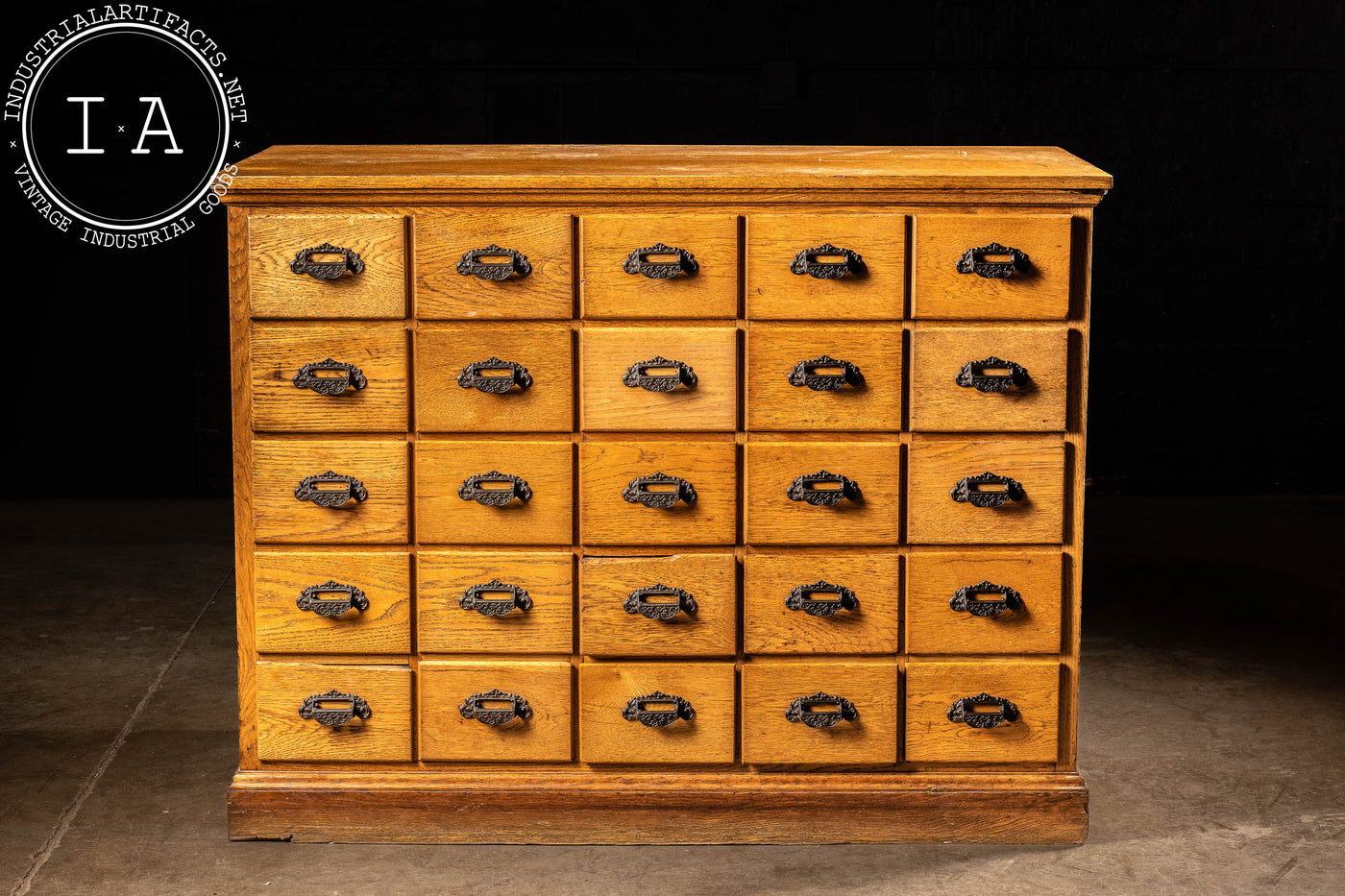 c. 1910s Oak Wood Long Drawer Apothecary Cabinet