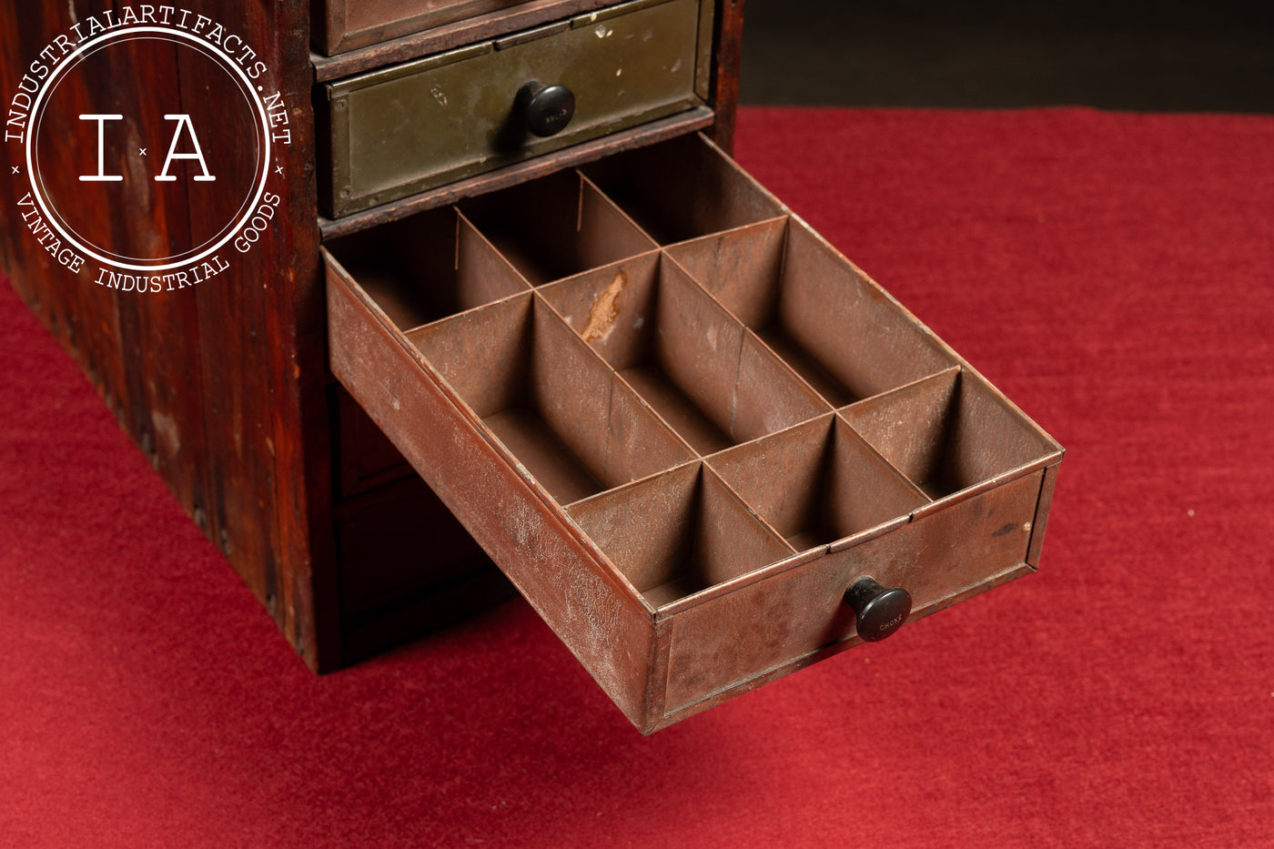 Early Wooden Parts Cabinet with Metal Drawers