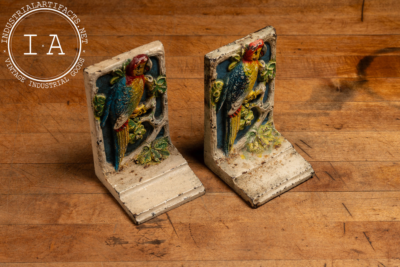 Pair of Antique High-Relief Painted Parrot Bookends