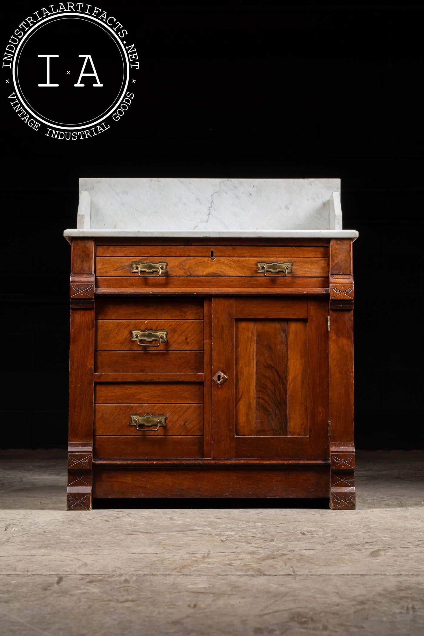 Late 19th Century Eastlake Victorian Walnut Commode Wash Stand with Marble Top