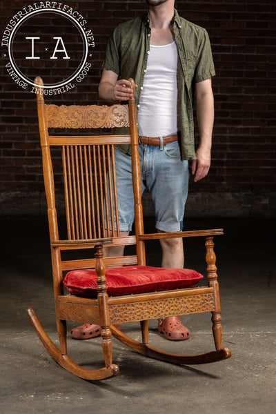 Antique Wooden Rocking Chair With Red Cushion
