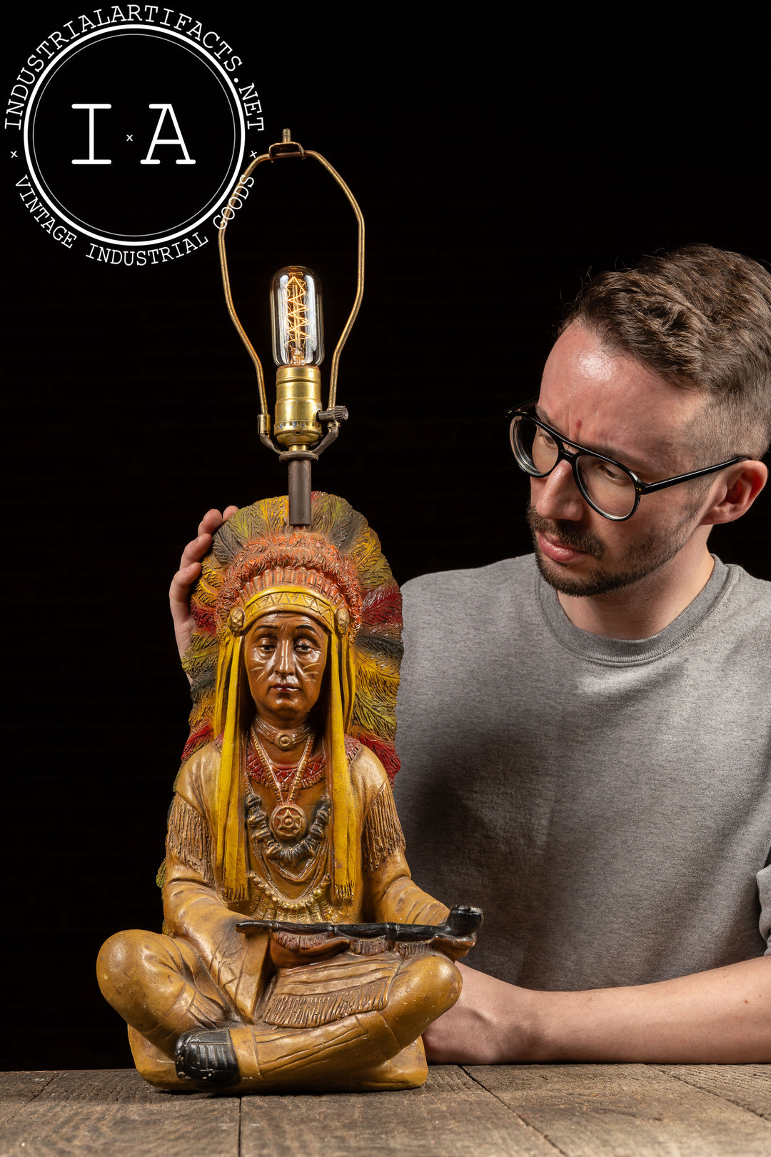 Vintage Chalkware Native American Peace Pipe Lamp Base