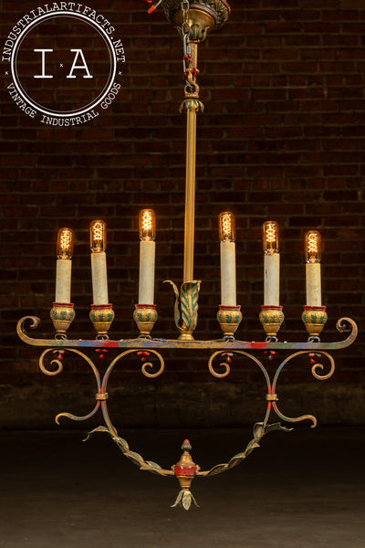 Mediterranean Revival Wrought Iron and Tole Chandelier 2