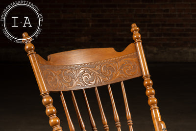 Antique Victorian Press-Back Oak Rocking Chair with Cane Seat