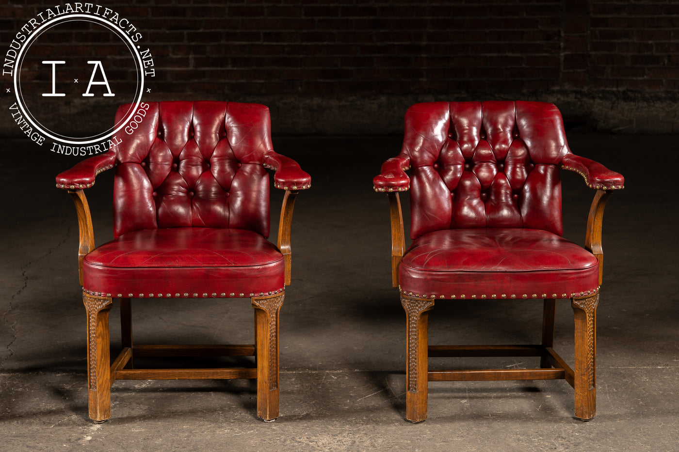 Set Of Four Tufted Leather Bankers Chairs in Red