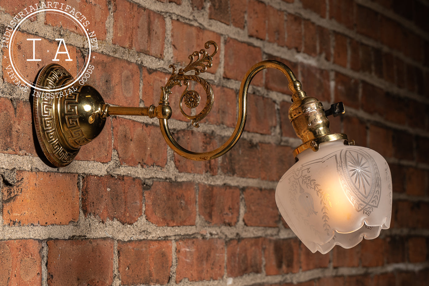 Early 20th Century Brass Wall Sconce with Etched Glass Shade