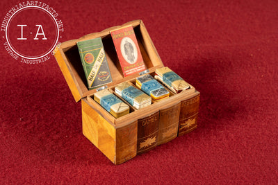 Vintage Hinged Wooden Cigarette Box with Contents