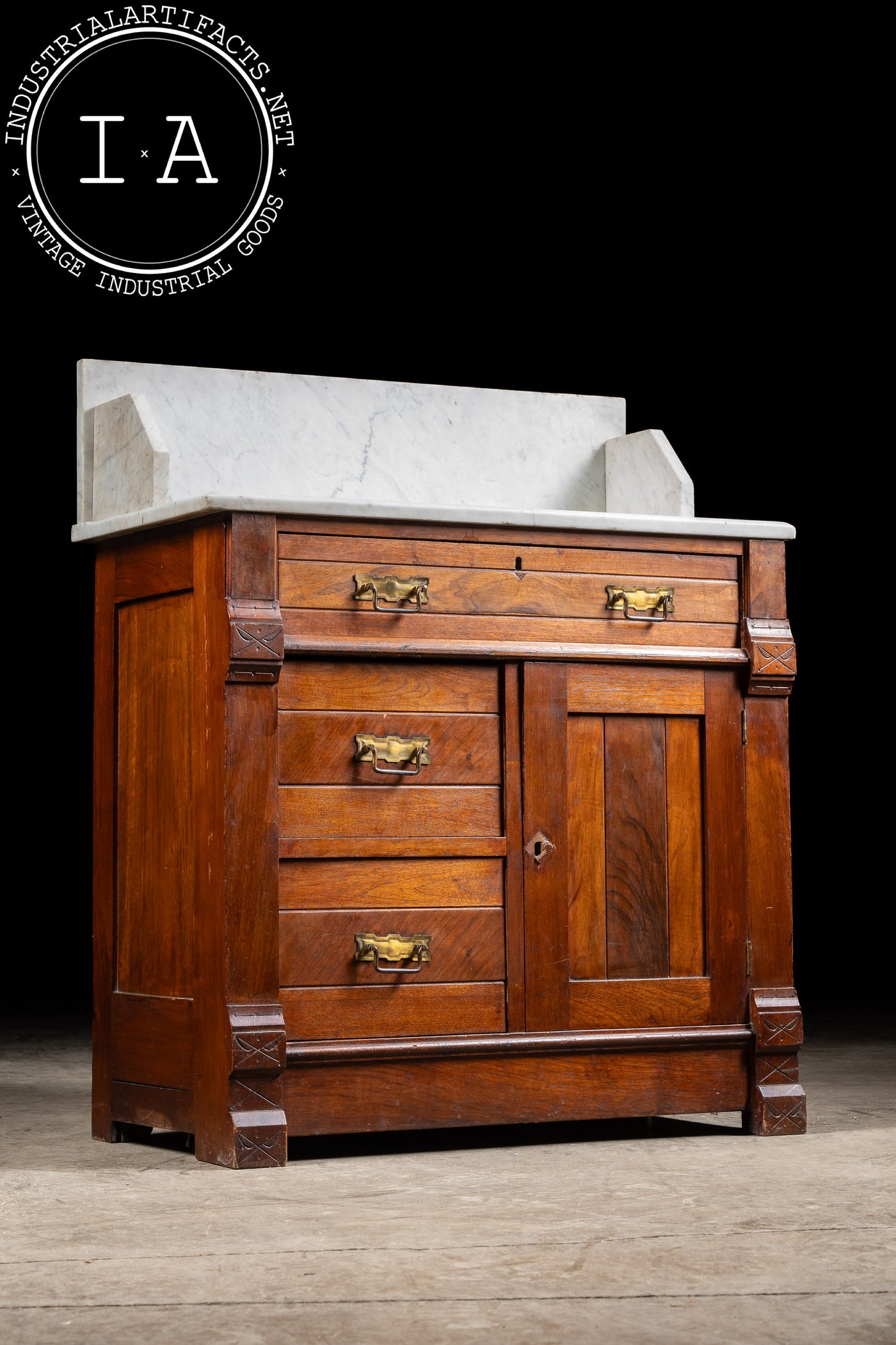 Late 19th Century Eastlake Victorian Walnut Commode Wash Stand with Marble Top