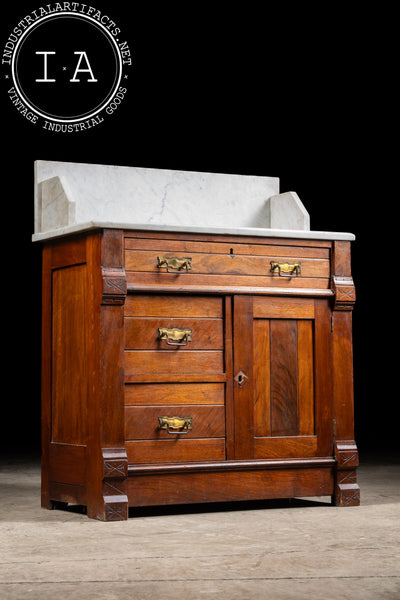 Late 19th Century Eastlake Victorian Walnut Commode Wash Stand with Marble Top