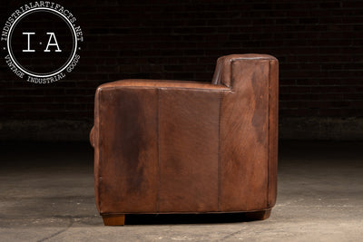 Vintage Leather Clamshell Club Chair and Ottoman Set