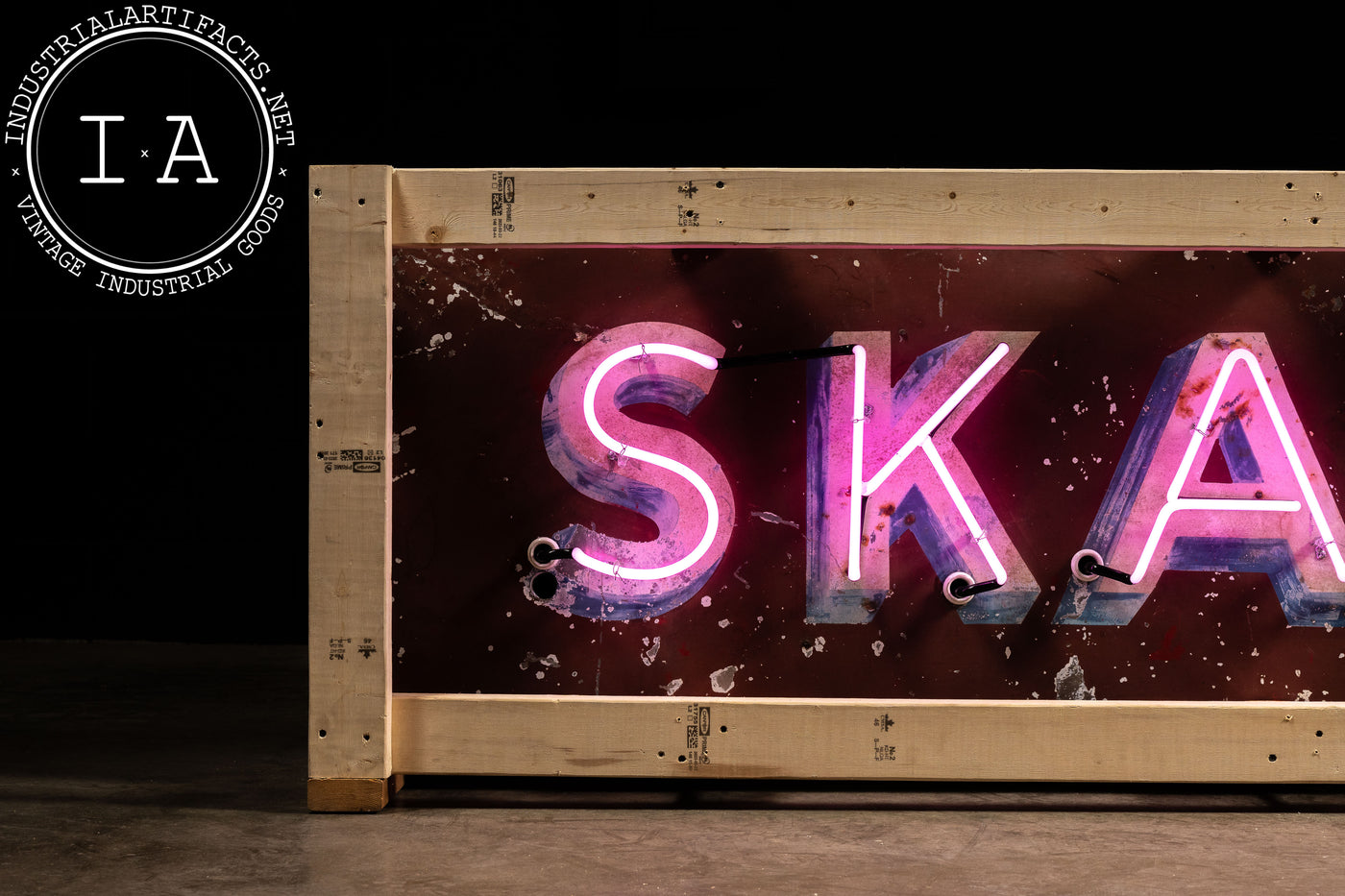 Vintage "Skating" Painted Tin Neon Sign